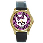 Pink Polka Dot Bow Skull Round Gold Metal Watch