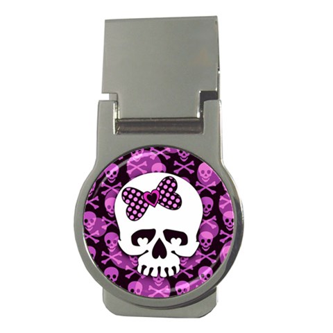 Pink Polka Dot Bow Skull Money Clip (Round) from ArtsNow.com Front