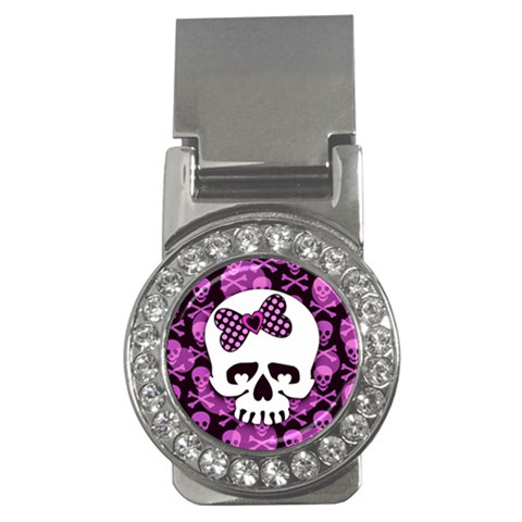 Pink Polka Dot Bow Skull Money Clip (CZ) from ArtsNow.com Front