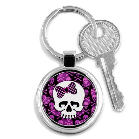 Pink Polka Dot Bow Skull Key Chain (Round) from ArtsNow.com Front