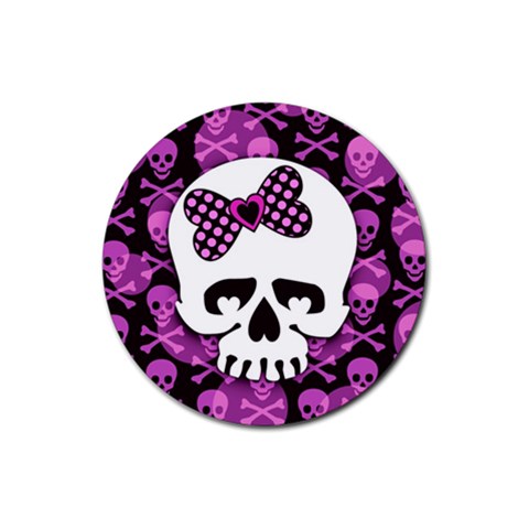 Pink Polka Dot Bow Skull Rubber Coaster (Round) from ArtsNow.com Front