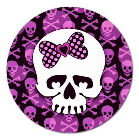 Pink Polka Dot Bow Skull Magnet 5  (Round) from ArtsNow.com Front