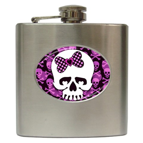 Pink Polka Dot Bow Skull Hip Flask (6 oz) from ArtsNow.com Front