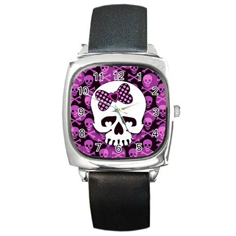 Pink Polka Dot Bow Skull Square Metal Watch from ArtsNow.com Front