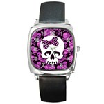 Pink Polka Dot Bow Skull Square Metal Watch