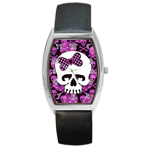 Pink Polka Dot Bow Skull Barrel Style Metal Watch from ArtsNow.com Front