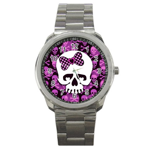 Pink Polka Dot Bow Skull Sport Metal Watch from ArtsNow.com Front