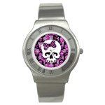 Pink Polka Dot Bow Skull Stainless Steel Watch