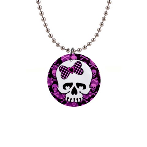 Pink Polka Dot Bow Skull 1  Button Necklace from ArtsNow.com Front