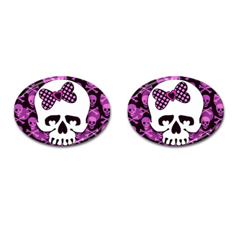 Pink Polka Dot Bow Skull Cufflinks (Oval) from ArtsNow.com Front(Pair)