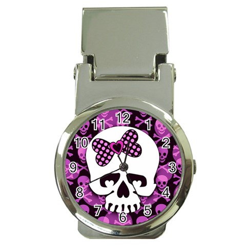 Pink Polka Dot Bow Skull Money Clip Watch from ArtsNow.com Front