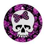 Pink Polka Dot Bow Skull Round Ornament (Two Sides)