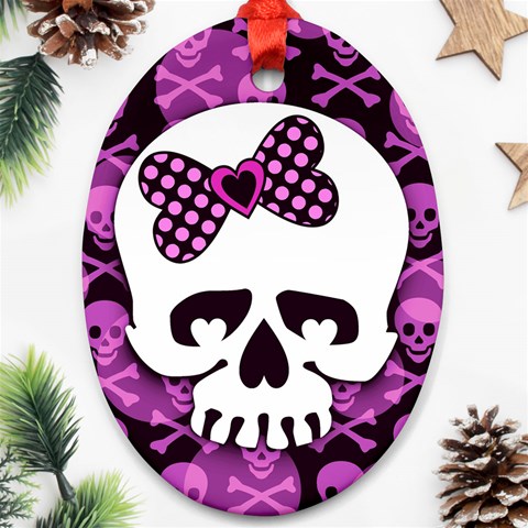 Pink Polka Dot Bow Skull Oval Ornament (Two Sides) from ArtsNow.com Front