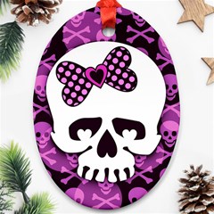 Pink Polka Dot Bow Skull Oval Ornament (Two Sides) from ArtsNow.com Front