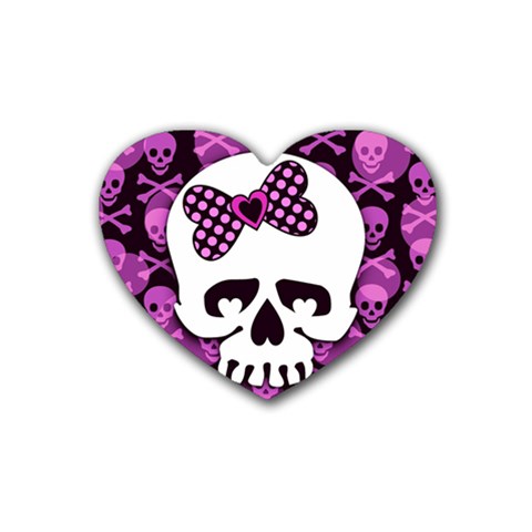 Pink Polka Dot Bow Skull Rubber Coaster (Heart) from ArtsNow.com Front