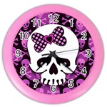 Pink Polka Dot Bow Skull Color Wall Clock