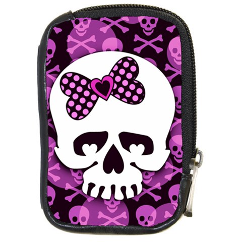 Pink Polka Dot Bow Skull Compact Camera Leather Case from ArtsNow.com Front