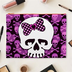 Pink Polka Dot Bow Skull Cosmetic Bag (XL) from ArtsNow.com Front