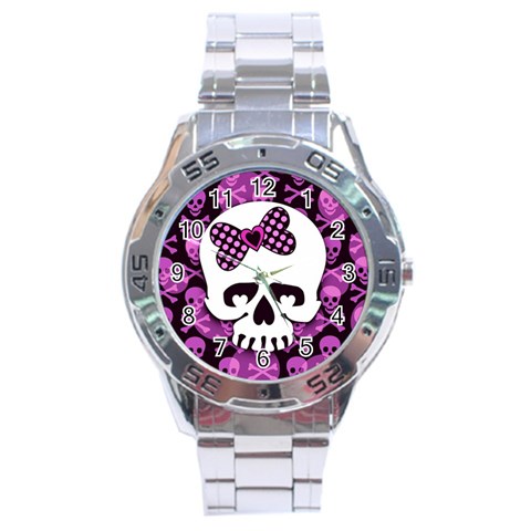 Pink Polka Dot Bow Skull Stainless Steel Analogue Men’s Watch from ArtsNow.com Front