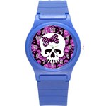Pink Polka Dot Bow Skull Round Plastic Sport Watch Small