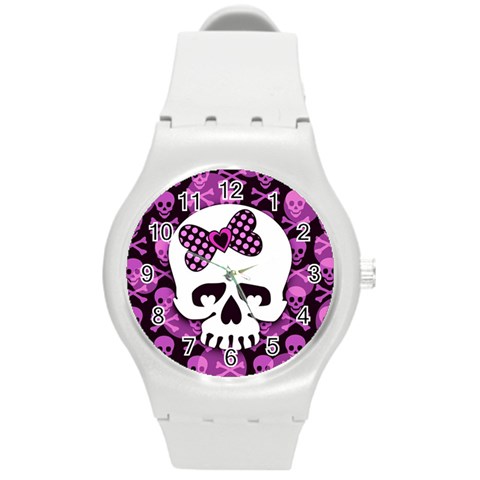 Pink Polka Dot Bow Skull Round Plastic Sport Watch Medium from ArtsNow.com Front