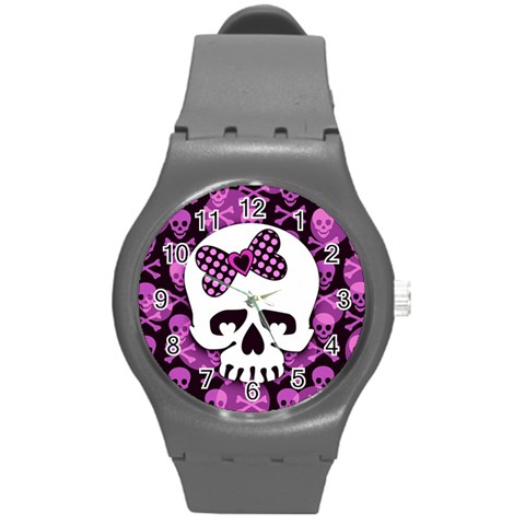 Pink Polka Dot Bow Skull Round Plastic Sport Watch Medium from ArtsNow.com Front