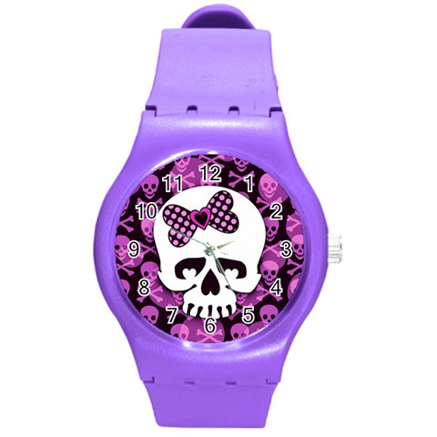 Pink Polka Dot Bow Skull Round Plastic Sport Watch Medium from ArtsNow.com Front