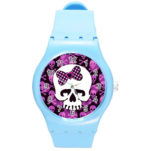 Pink Polka Dot Bow Skull Round Plastic Sport Watch Medium from ArtsNow.com Front