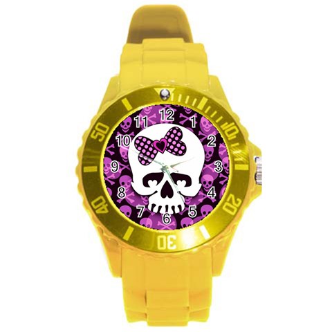 Pink Polka Dot Bow Skull Round Plastic Sport Watch Large from ArtsNow.com Front