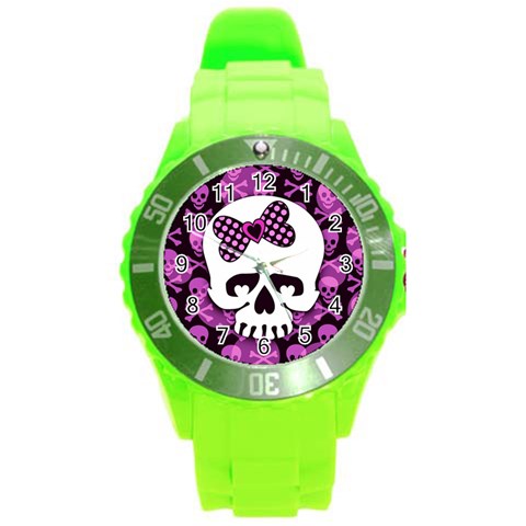 Pink Polka Dot Bow Skull Round Plastic Sport Watch Large from ArtsNow.com Front