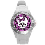 Pink Polka Dot Bow Skull Round Plastic Sport Watch Large