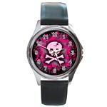 Pink Skull Star Splatter Round Metal Watch