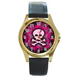 Pink Skull Star Splatter Round Gold Metal Watch