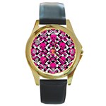 Pink Skulls & Stars Round Gold Metal Watch