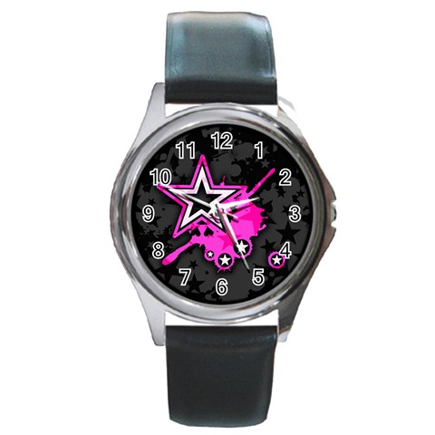 Pink Star Design Round Metal Watch from ArtsNow.com Front