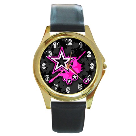 Pink Star Design Round Gold Metal Watch from ArtsNow.com Front
