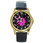 Pink Star Design Round Gold Metal Watch