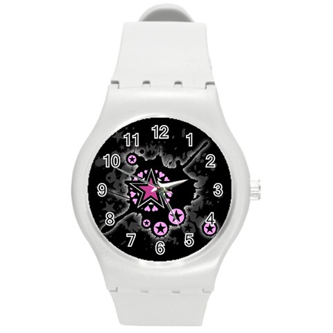 Pink Star Explosion Round Plastic Sport Watch Medium from ArtsNow.com Front
