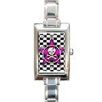 Pink Star Skull Checker Rectangular Italian Charm Watch