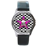 Pink Star Skull Checker Round Metal Watch