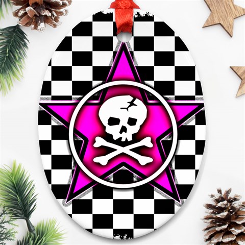 Pink Star Skull Checker Ornament (Oval) from ArtsNow.com Front