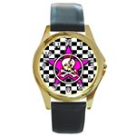 Pink Star Skull Checker Round Gold Metal Watch