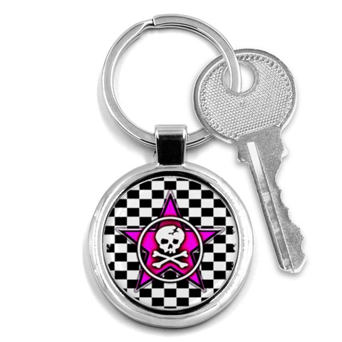 Pink Star Skull Checker Key Chain (Round) from ArtsNow.com Front