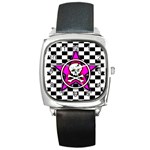 Pink Star Skull Checker Square Metal Watch