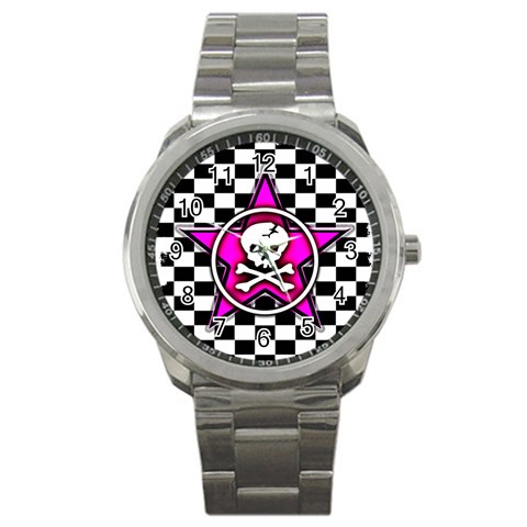 Pink Star Skull Checker Sport Metal Watch from ArtsNow.com Front