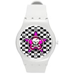 Pink Star Skull Checker Round Plastic Sport Watch Medium