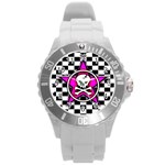 Pink Star Skull Checker Round Plastic Sport Watch Large