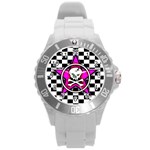 Pink Star Skull Checker Round Plastic Sport Watch Large