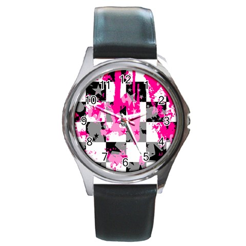 Pink Star Splatter Round Metal Watch from ArtsNow.com Front