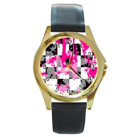 Pink Star Splatter Round Gold Metal Watch from ArtsNow.com Front